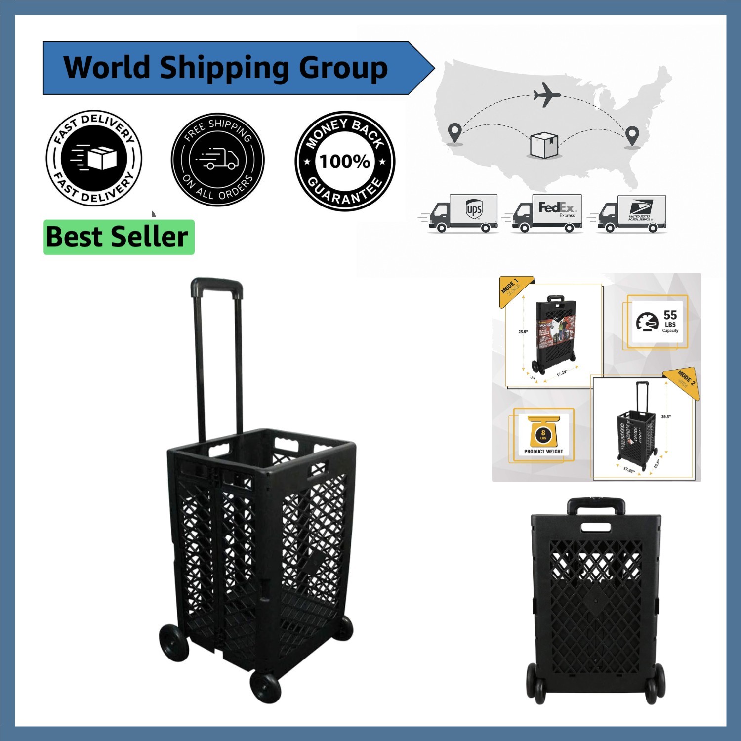 Durable 55lb Load Capacity Pack-N-Roll Folding Cart with Smooth Rolling Wheels