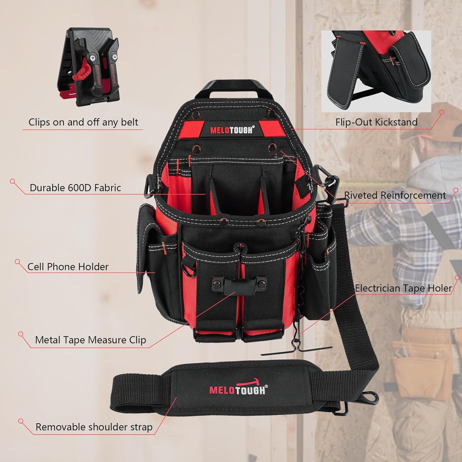 MELOTOUGH Professional Electrician Tool Pouch w/ Belt Clip & Strap