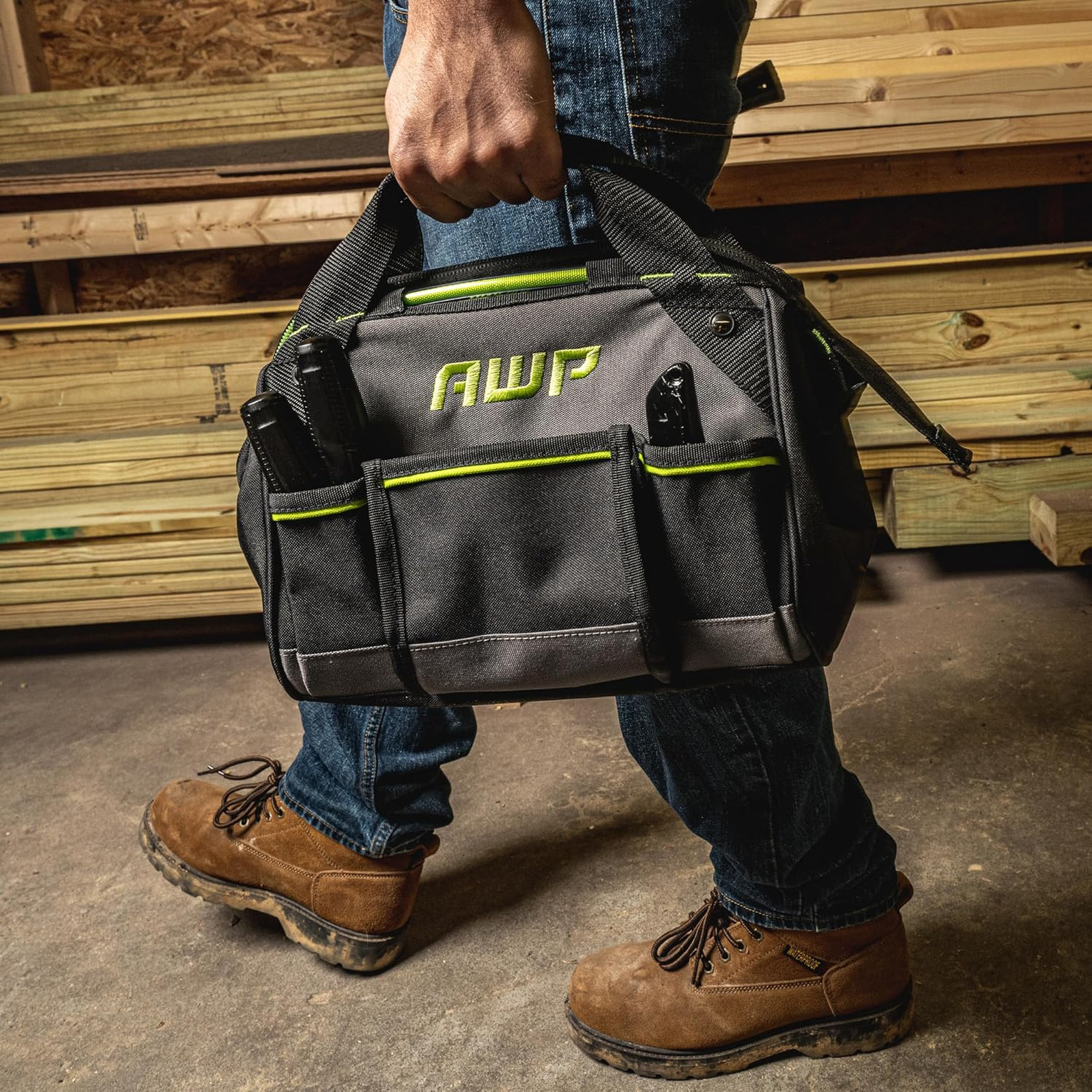 Tool Bag, Black, Durable Water-Resistant 600 Denier Polyester, Contractor, 14