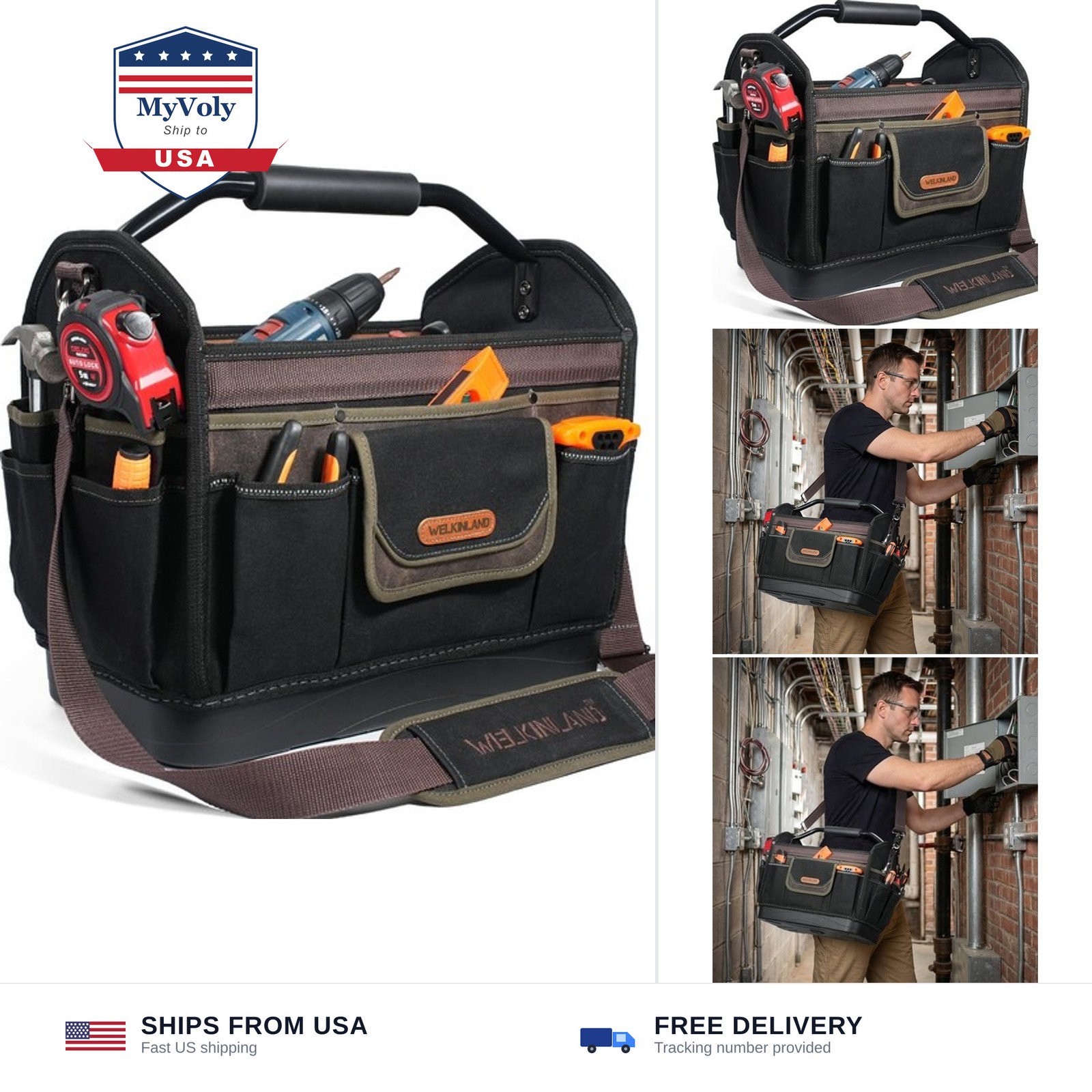 WELKINLAND 16” Hard-Bottom Tool Tote,32-Pocket Electrician Tool Tote Bag | H…