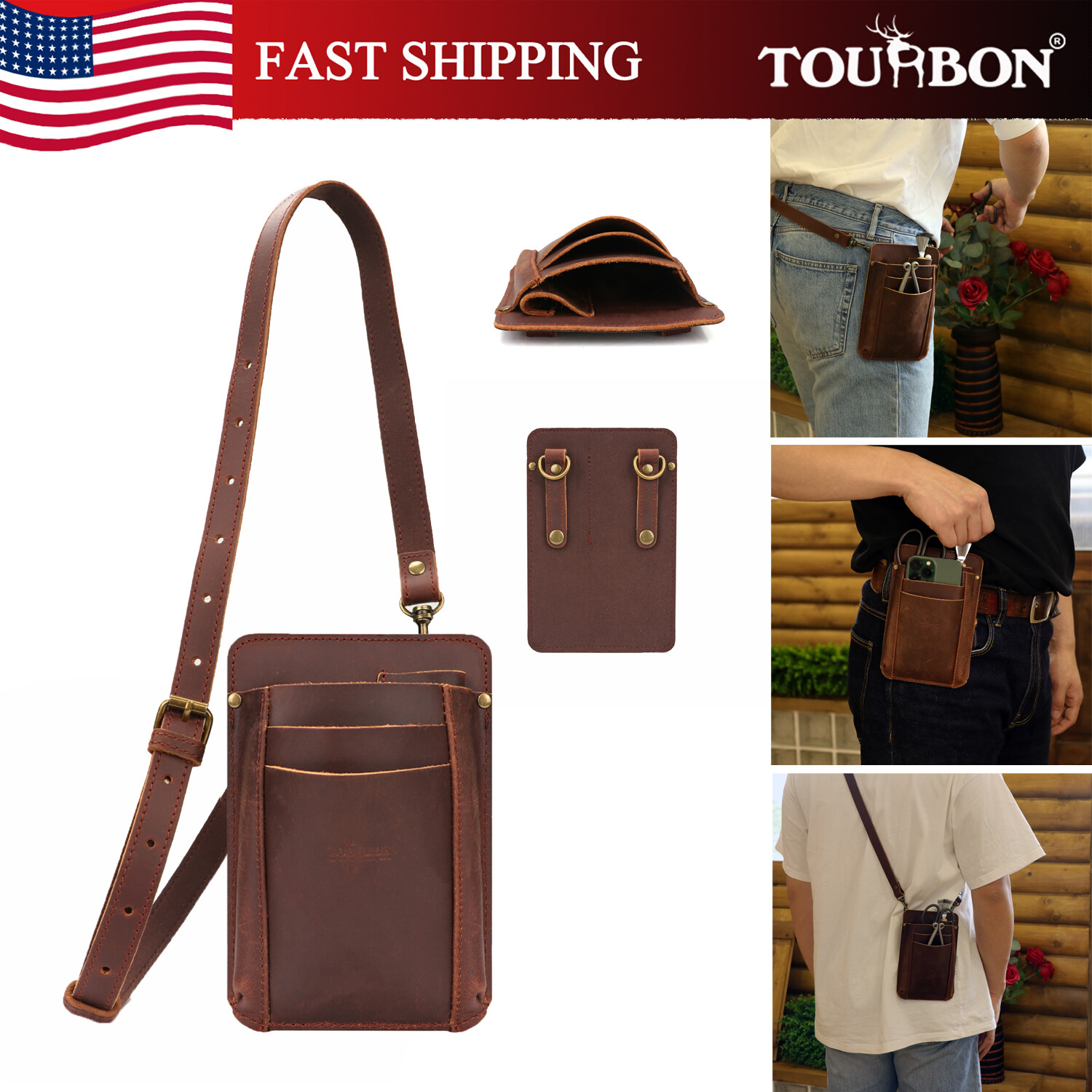 TOURBON Women Vintage Leather Shoulder Bag 4-in-1 Garden Tools Belt Holster Gift
