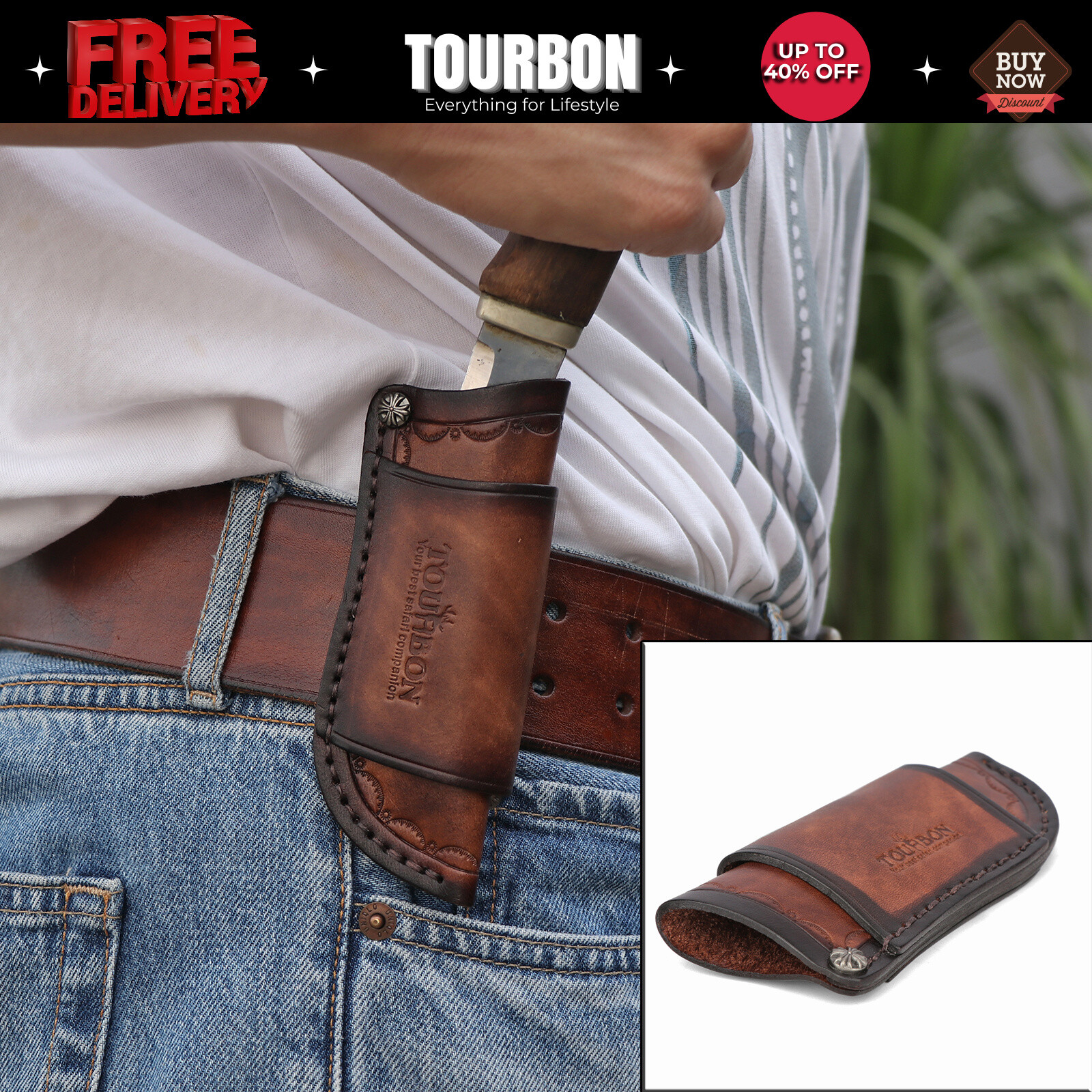 TOURBON Leather Knife Sheath Fixed Blade Case Belt Pouch Fit 4in Knives Camping