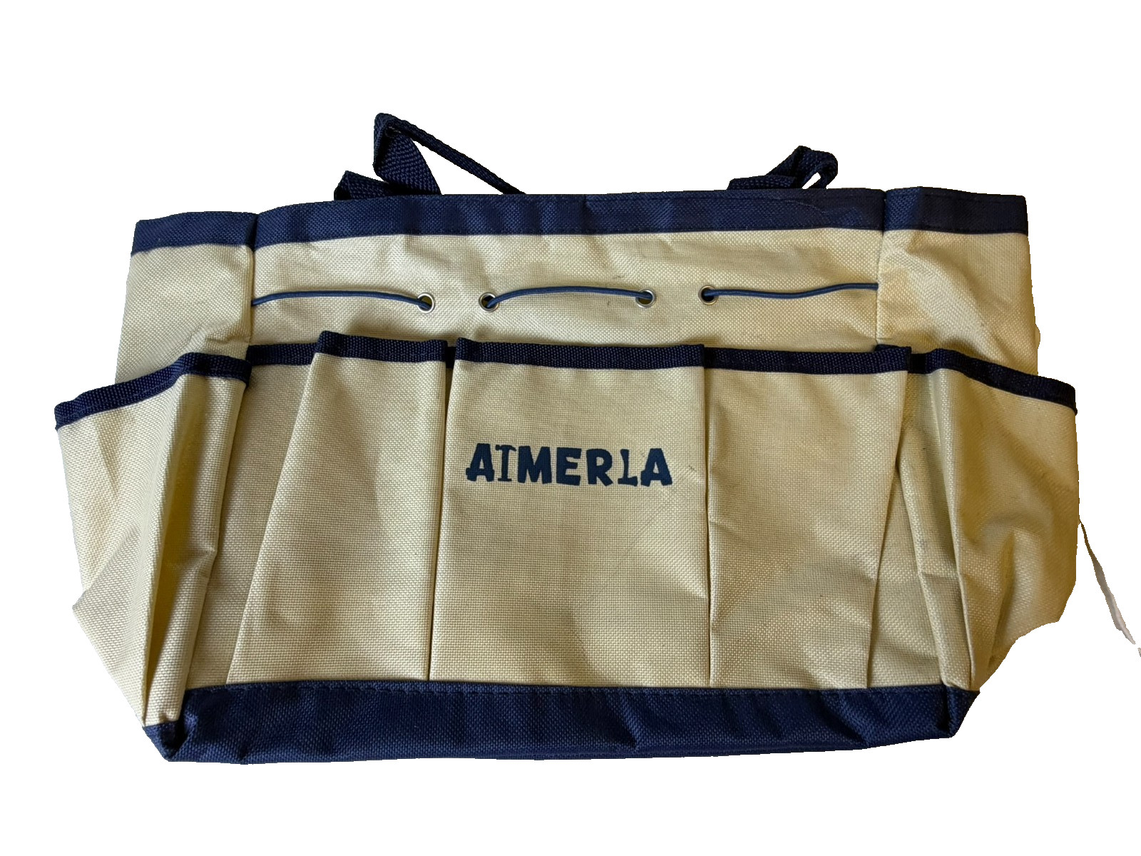 Aimerla Canvas Tool Tote Bag Beige Navy Multi Pocket Organizer Carryall