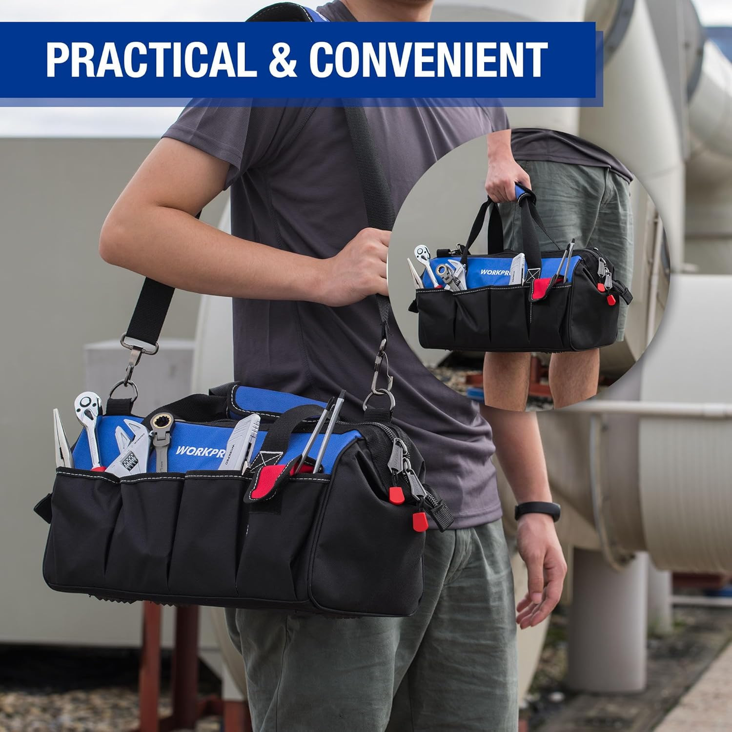 18-Inch Close Top Wide Mouth Storage Tool Bag with Adjustable Shoulder Strap, St