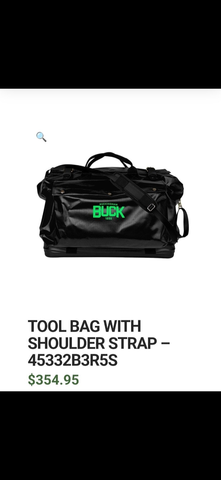 Buckingham Buck Tool Bag Black Green Fabric Shoulder Strap P/N 47333B3L3R5S