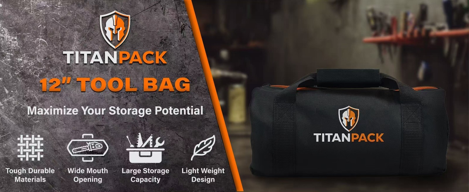 Titan Pack Large 12-Inch Heavy Duty Ballistic Nylon Tool Bag with Wide Mouth