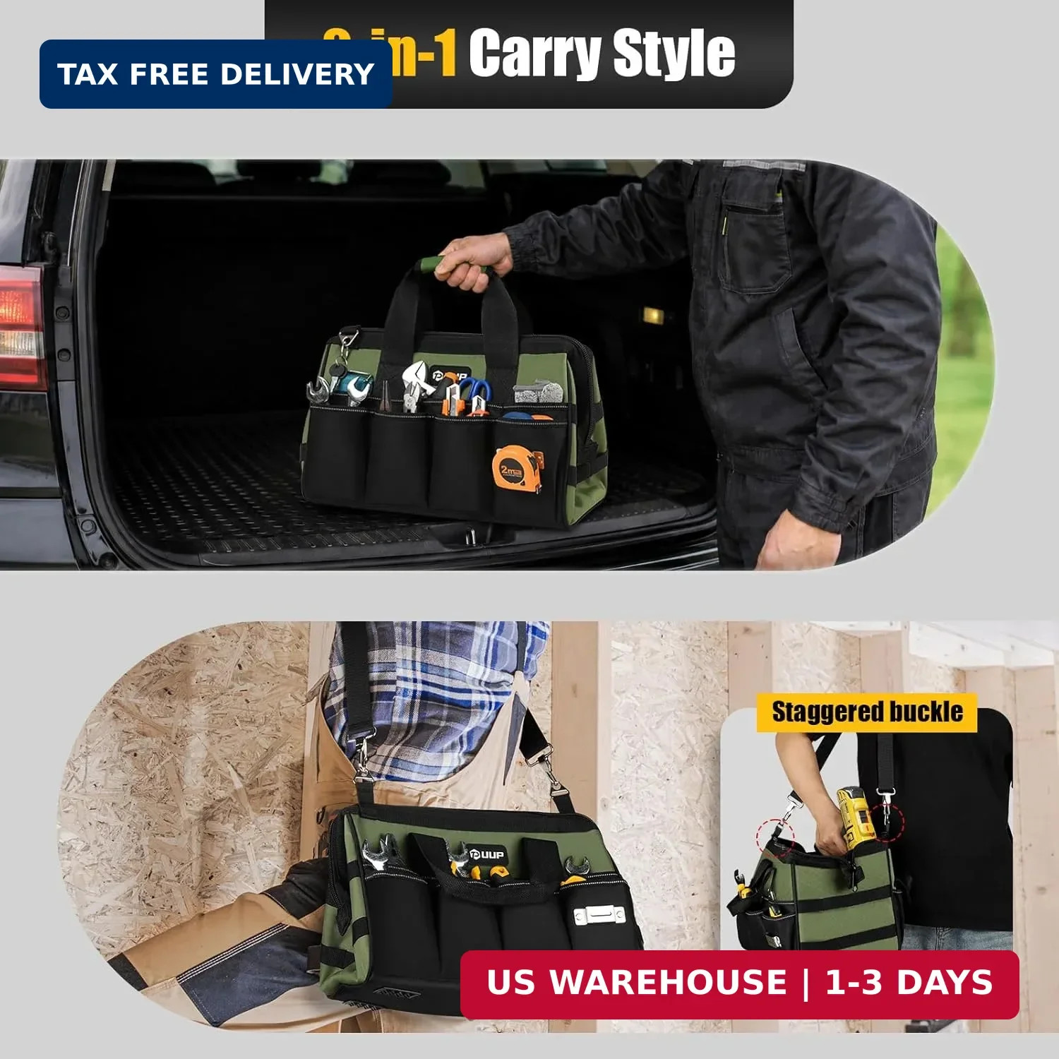UUP Heavy Duty Tool Bag 15-Inch, 16-Pocket Portable Empty Tool Box Organizer, Bi