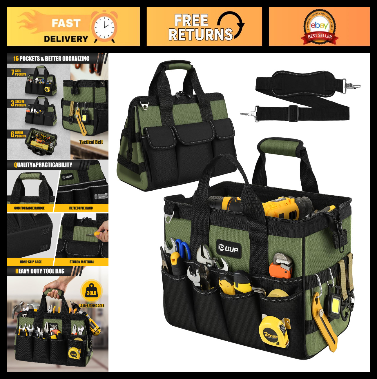 15-Inch Heavy Duty Tool Bag – 16-Pocket Portable Organizer, Large Zipper Toolbox