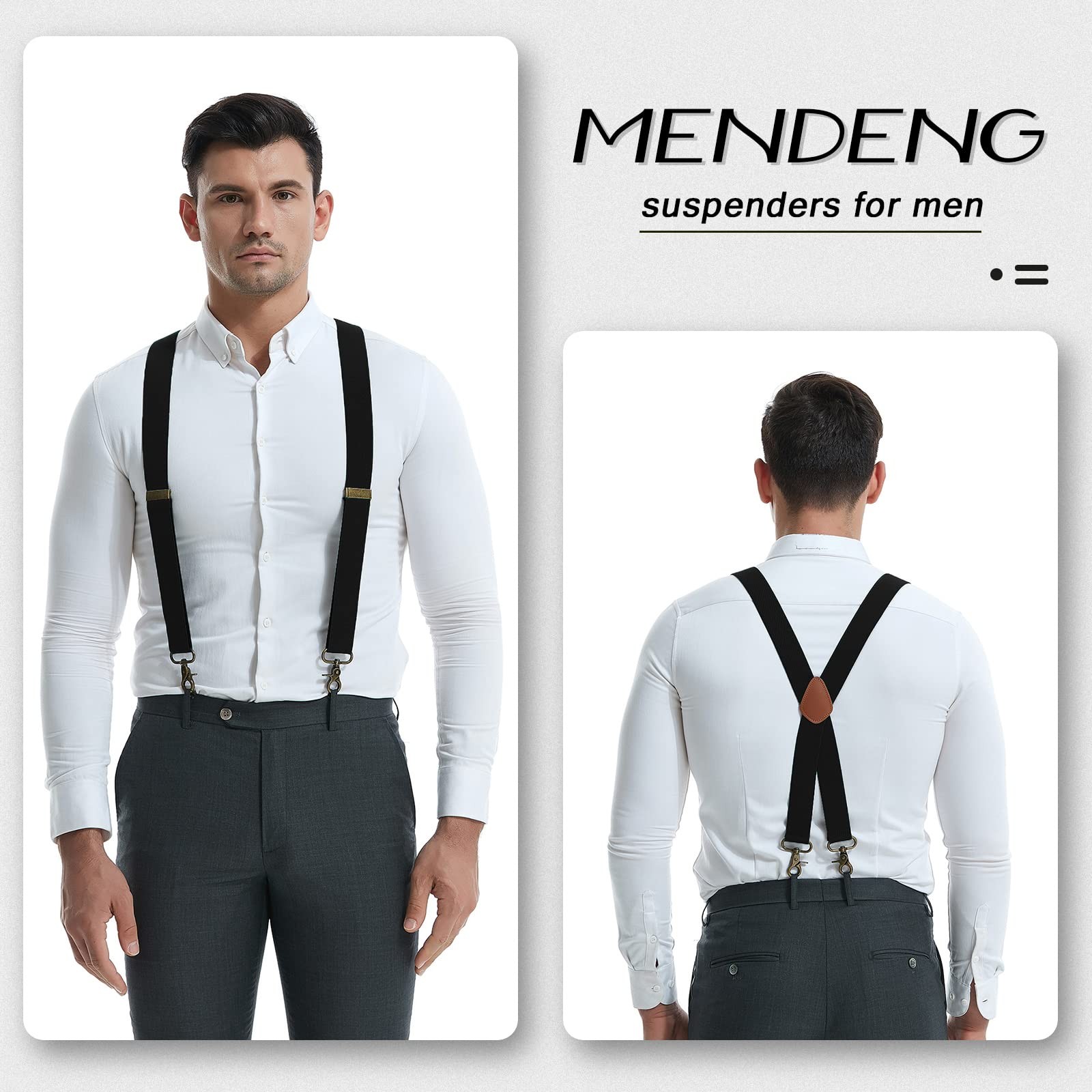 MENDENG Suspenders for Men Black Bronze Snap Hooks One Size, Black/Snap