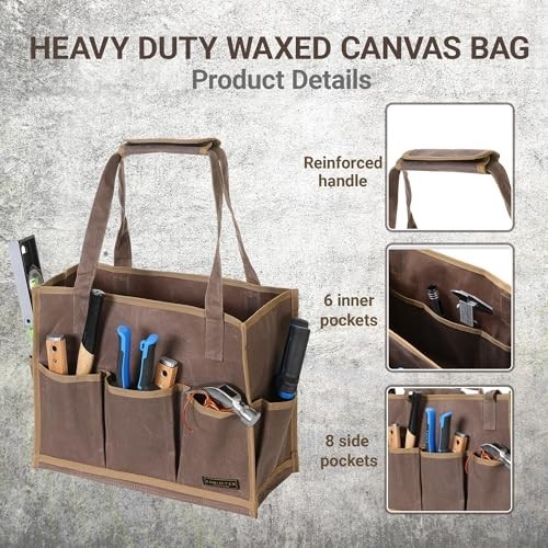 Heavy-Duty Waxed Canvas Garden Tool Organizer Bag, 14-Pocket, Grey