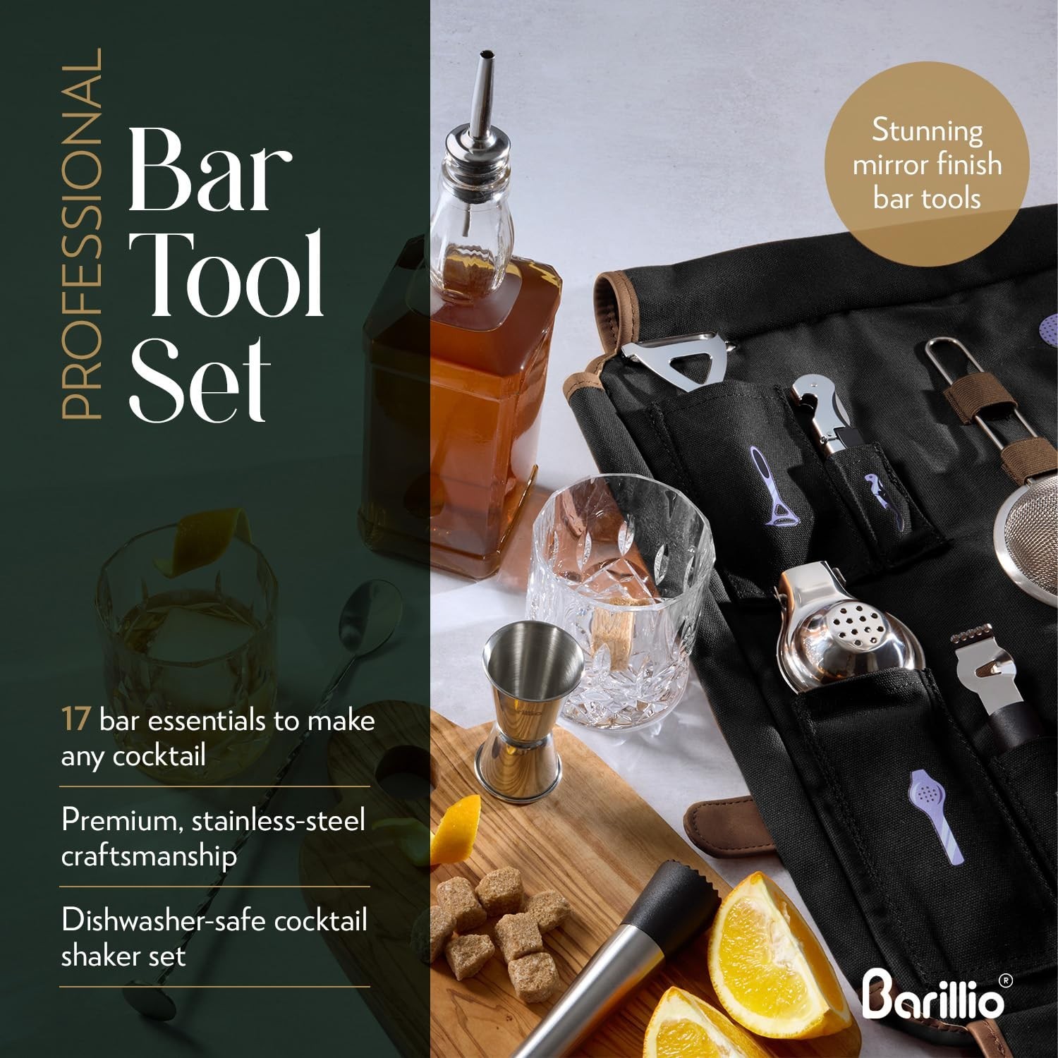 Barillio Bartender Kit Bag – Waxed Canvas, 17-Pc Cocktail Set – Travel Mobile