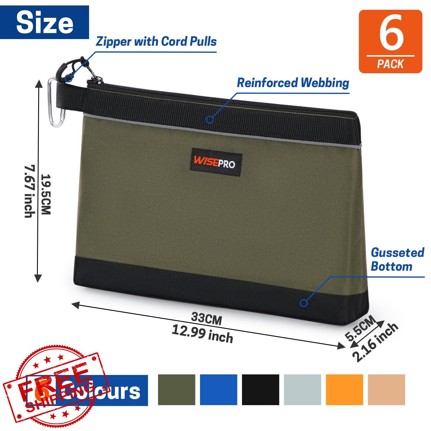 WISEPRO 6PC Tool Pouch Set Khaki Gray Orange Blue Black Army Green
