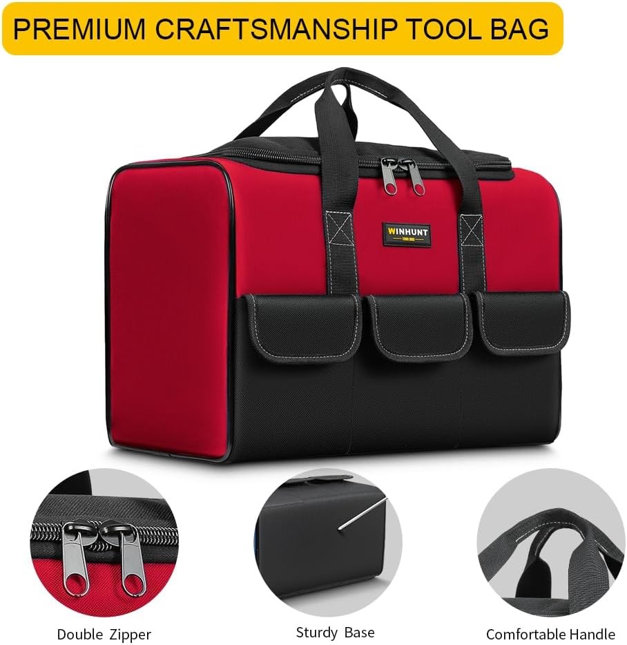 17″ Tool Bag for Men 6-Pocket Waterproof Organizer Red & Black Double Zipper