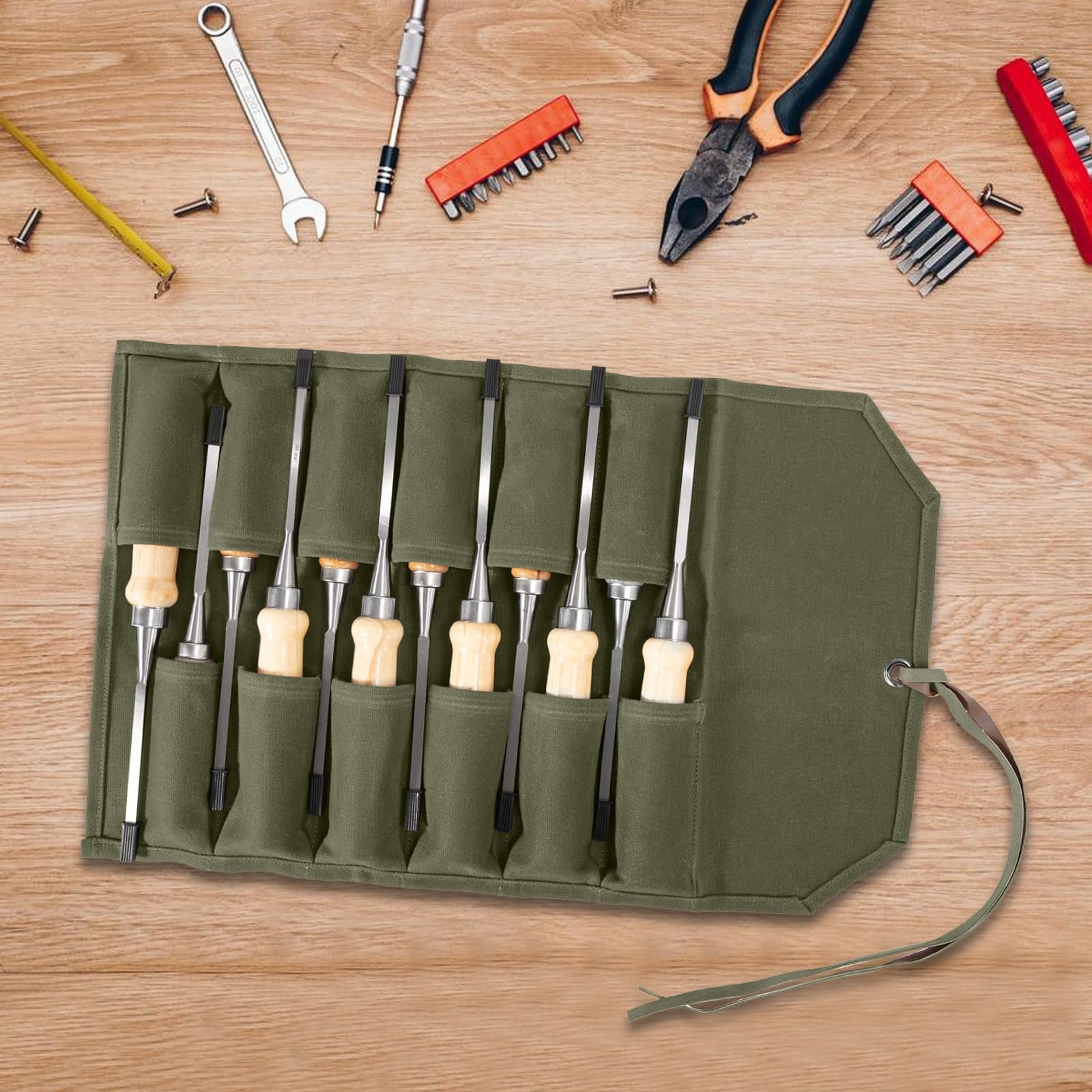Chisel Roll,12 Pockets Roll Up Tool Pouch,Waxed Canvas Small Tool Roll Organi…