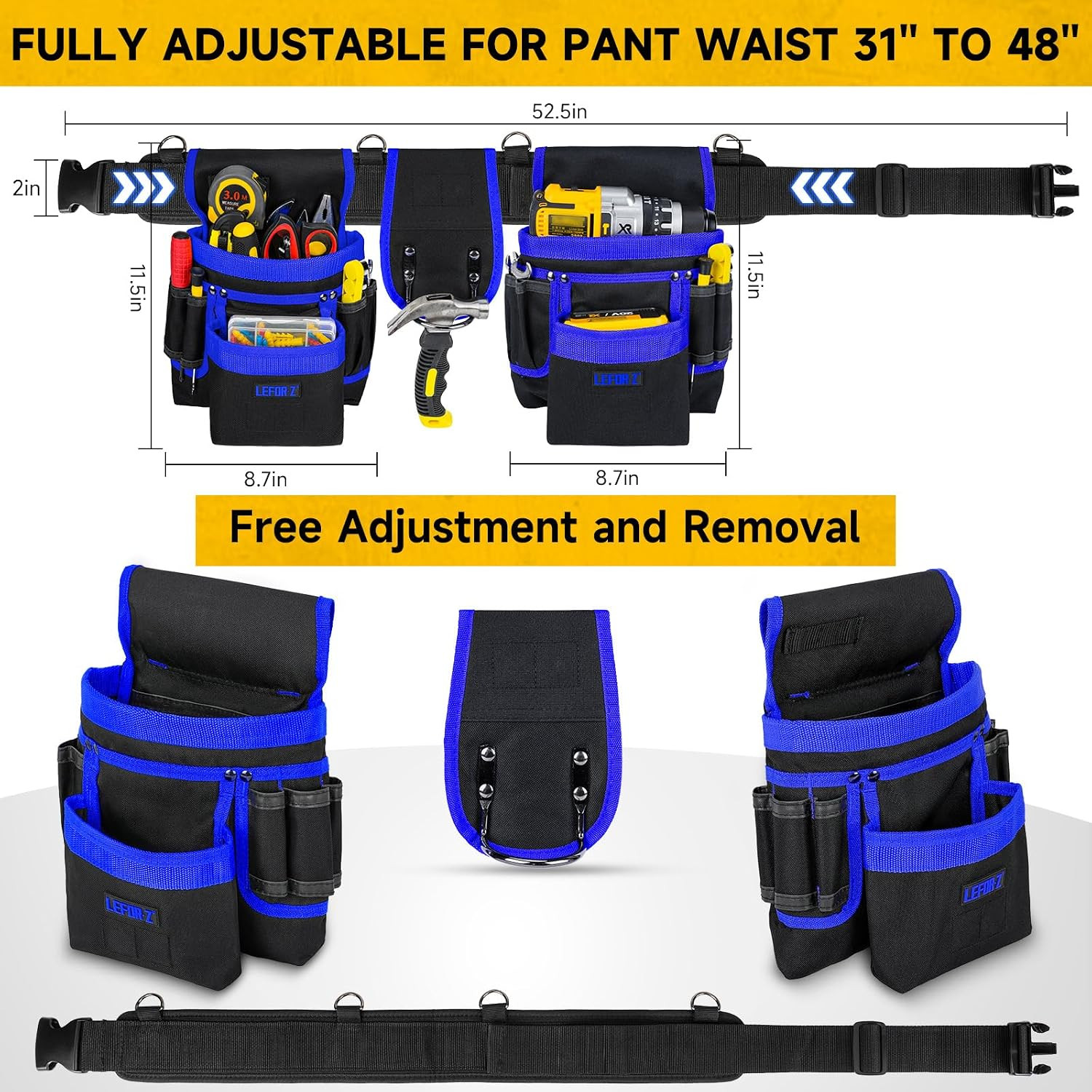 Tool Belt with 4 D-Rings,27-Pockets Tool Belts for Men,Construction | Heavy Duty