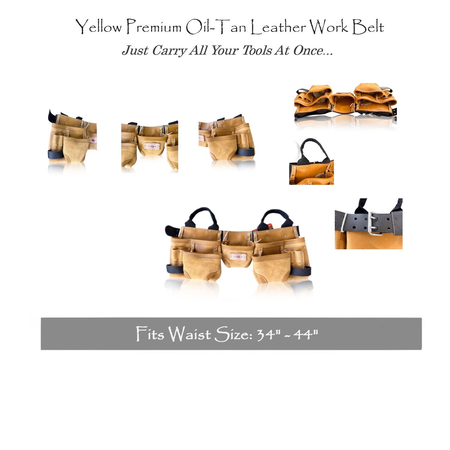 Heavy Duty Oil Tan Premium Leather Tool Belt with Carry Handles