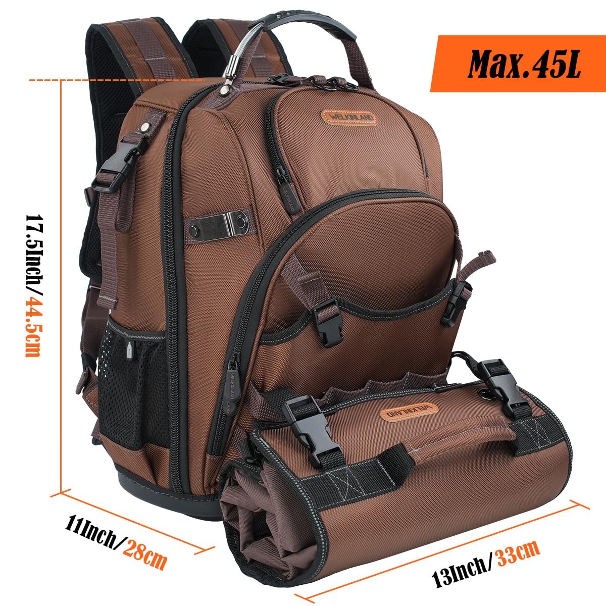 WELKINLAND 70Pockets HVAC Tool Backpack With Medium to Large, Brown & Black
