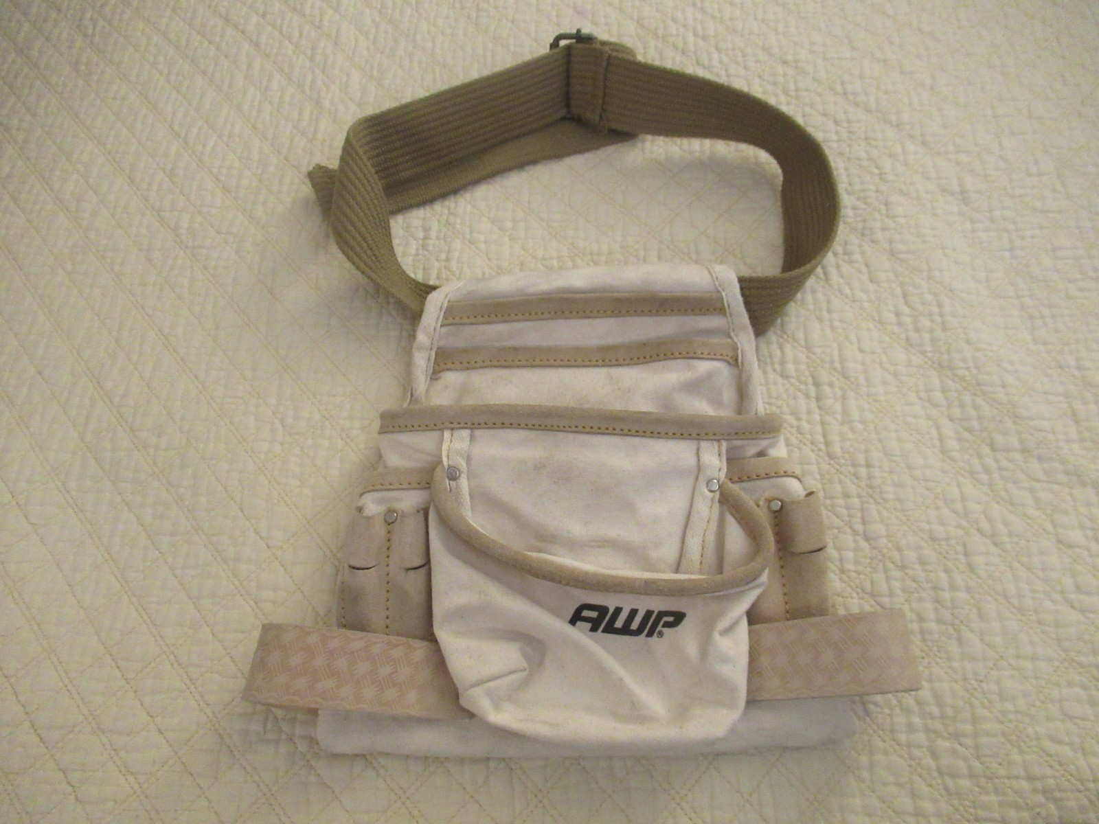 AWP Canvas Leather Beige Tool Belt w/Adjustable Strap, Multiple Pouches & Loops