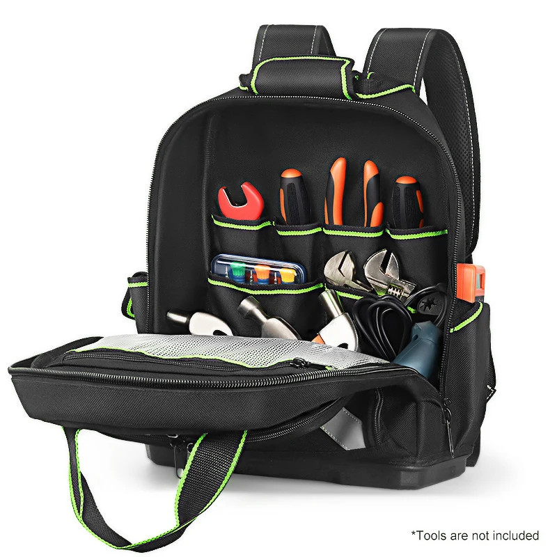 Tool Backpack with Plastic Bottom Organizer Electrician Professional Portable Co