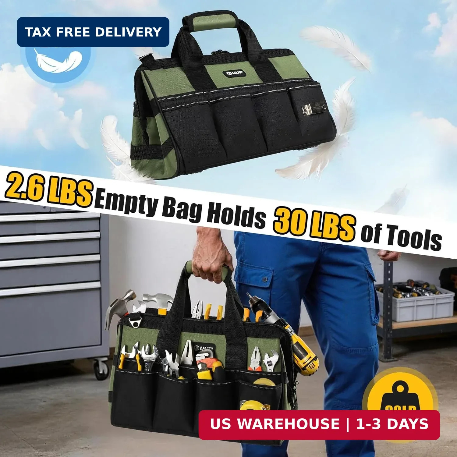UUP Heavy Duty Tool Bag 15-Inch, 16-Pocket Portable Empty Tool Box Organizer, Bi