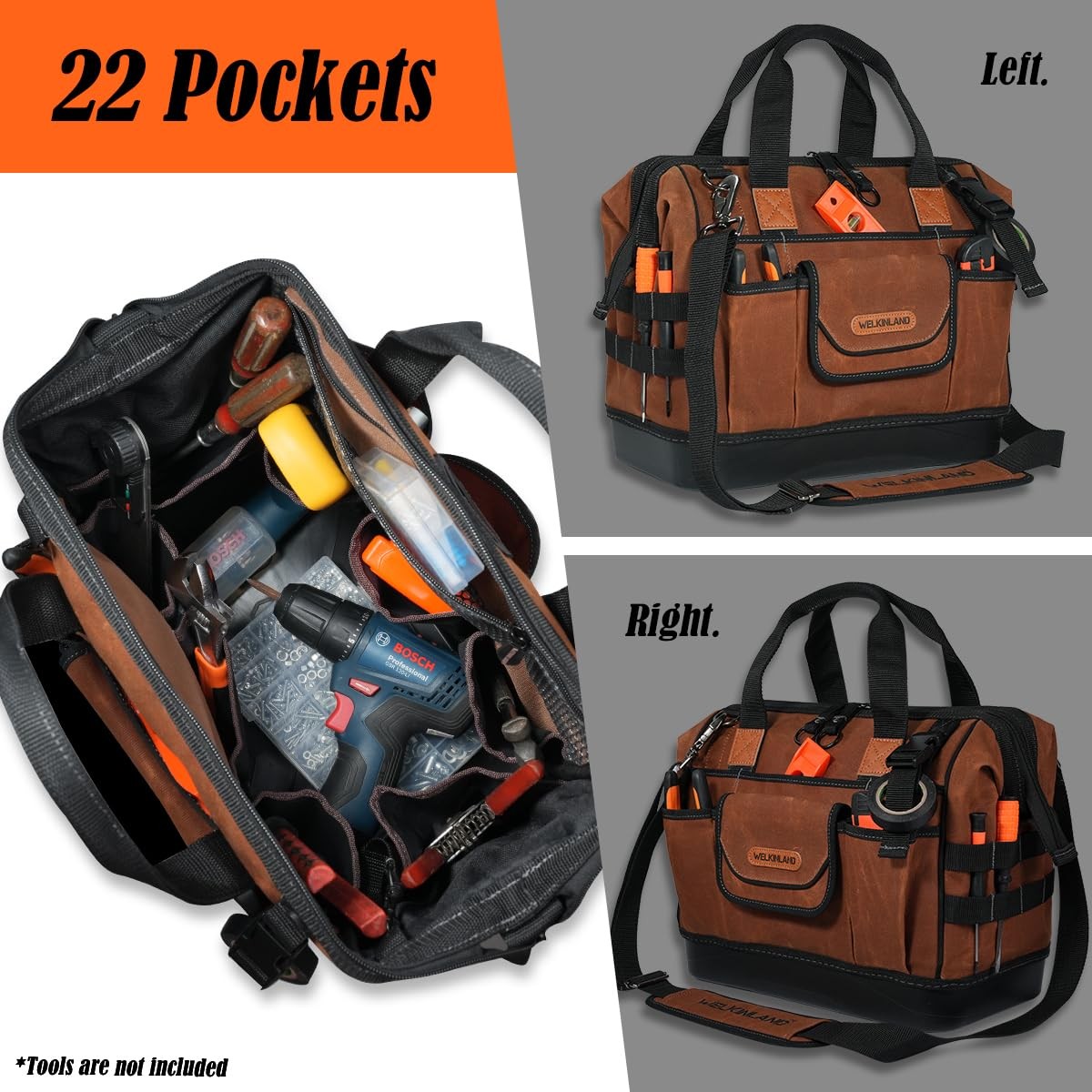 22-Pockets Hard Bottom Tool Bag, 14-Inch 14 Inches, Rust & Black