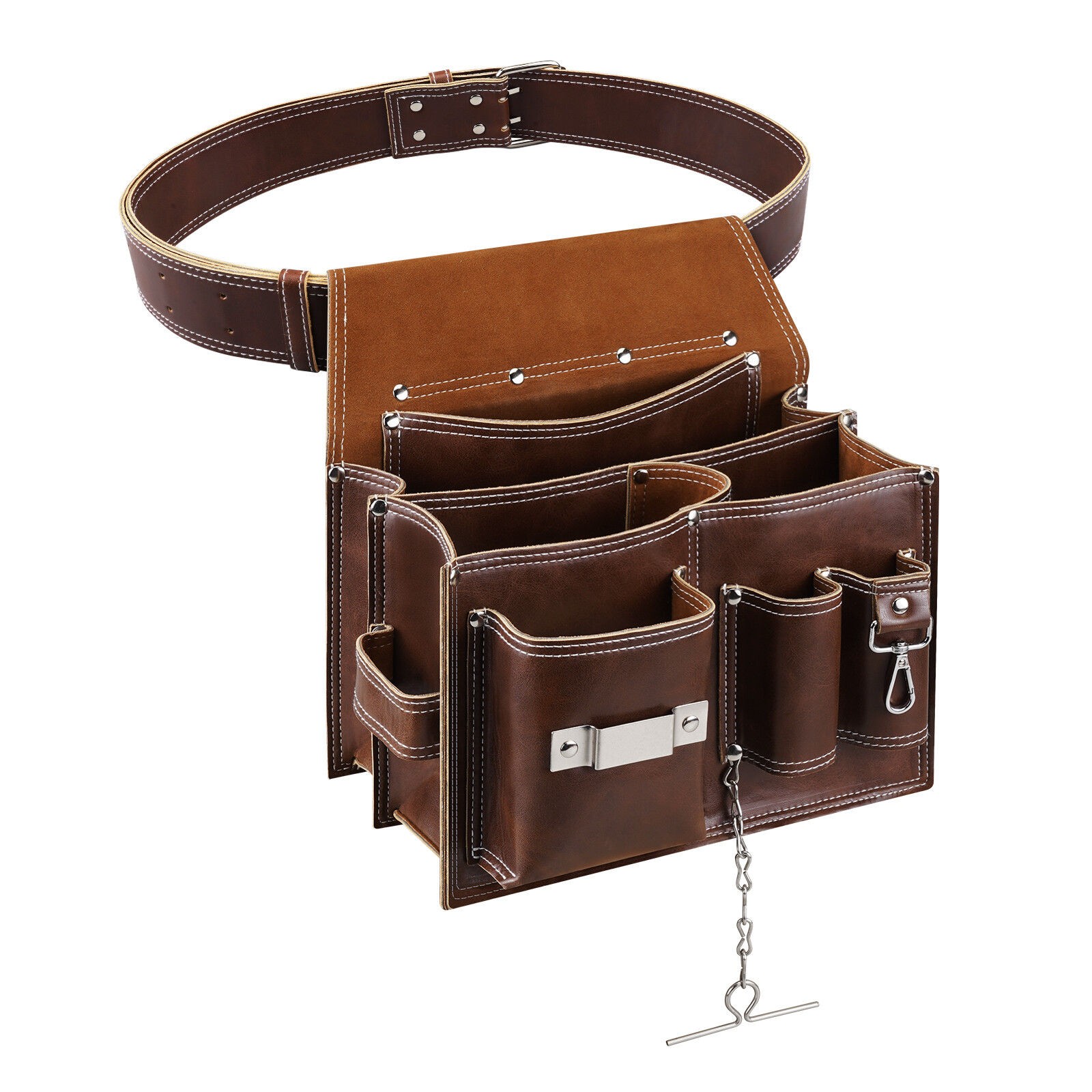 Brown Leather Multi-Pocket Tool Belt Pouch Electrician Work Tool Belt Pouch Bag