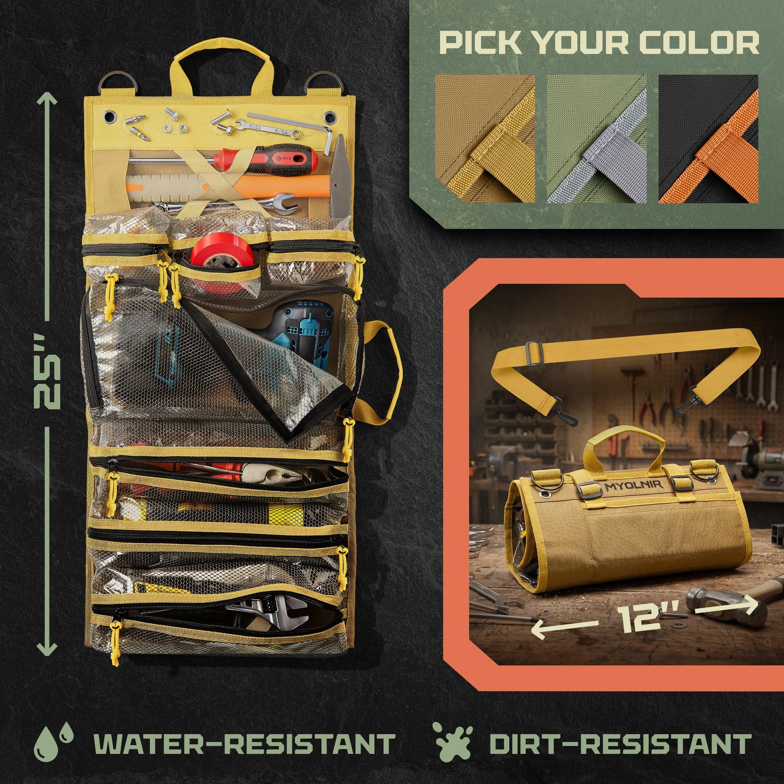 Myolnir Roll Up Tool Bag Organizer With 12.6 x 3.3 x 6.7 inches, Khaki