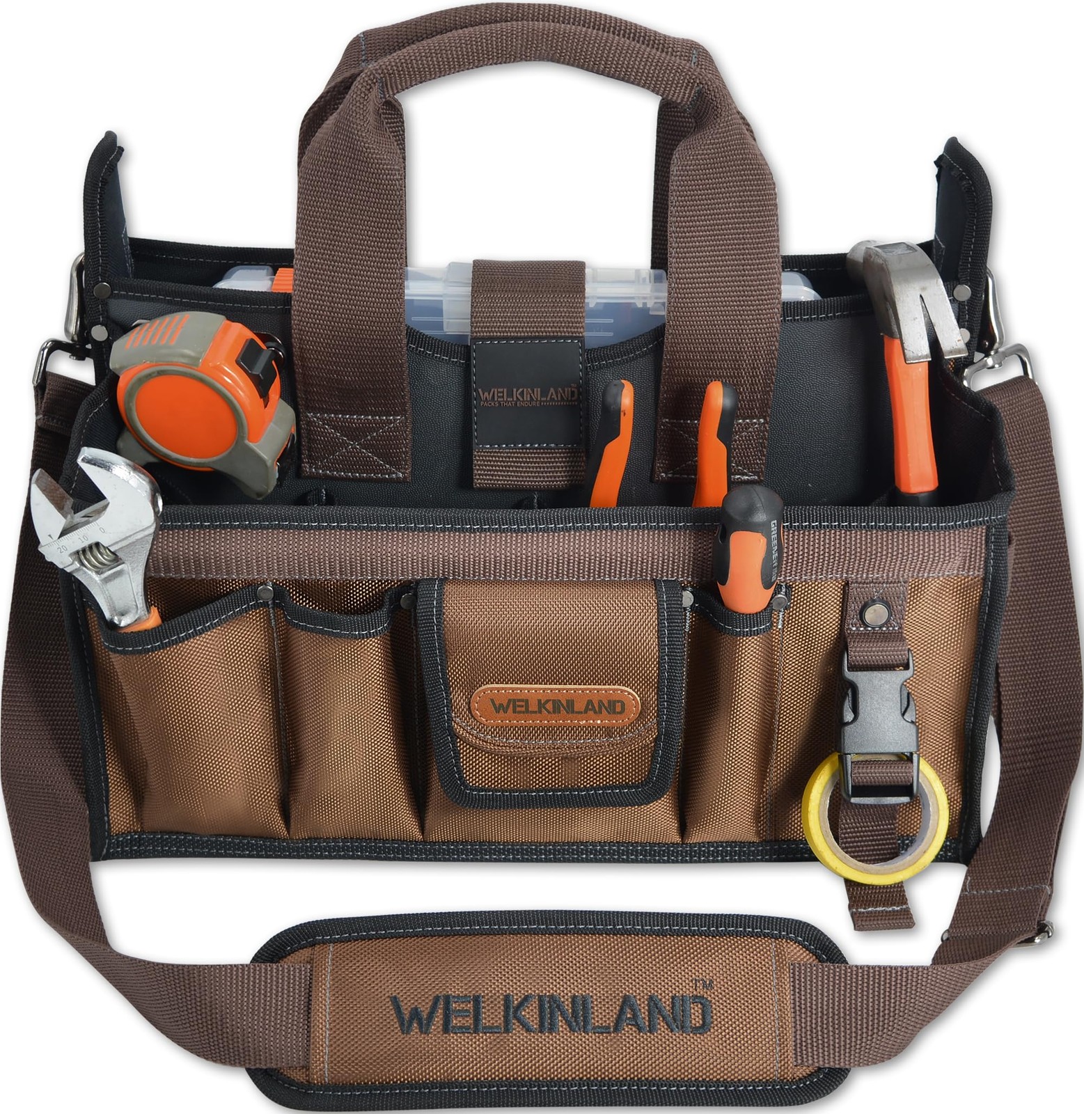 WELKINLAND 20-Pockets Tool Tote Bag, 16″ Electrician Black/Brown