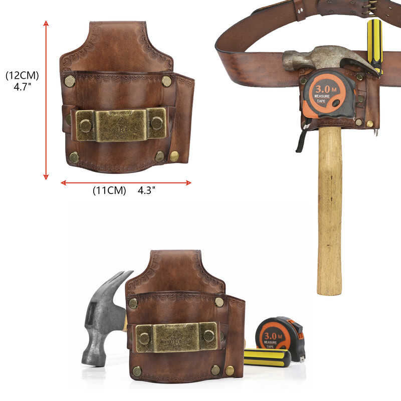 TOURBON Genuine Leather Tools Belt Pouch Hammer Holster Tape Measure EDC Holder