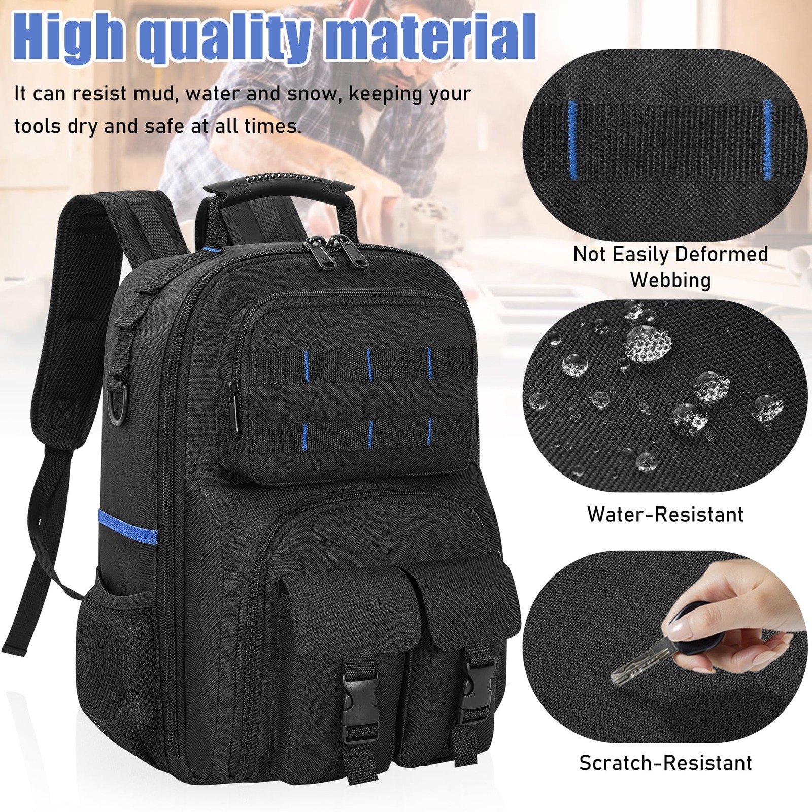 LASUK Heavy Duty Backpack Tool Bag, Water-resistant Black&Blue
