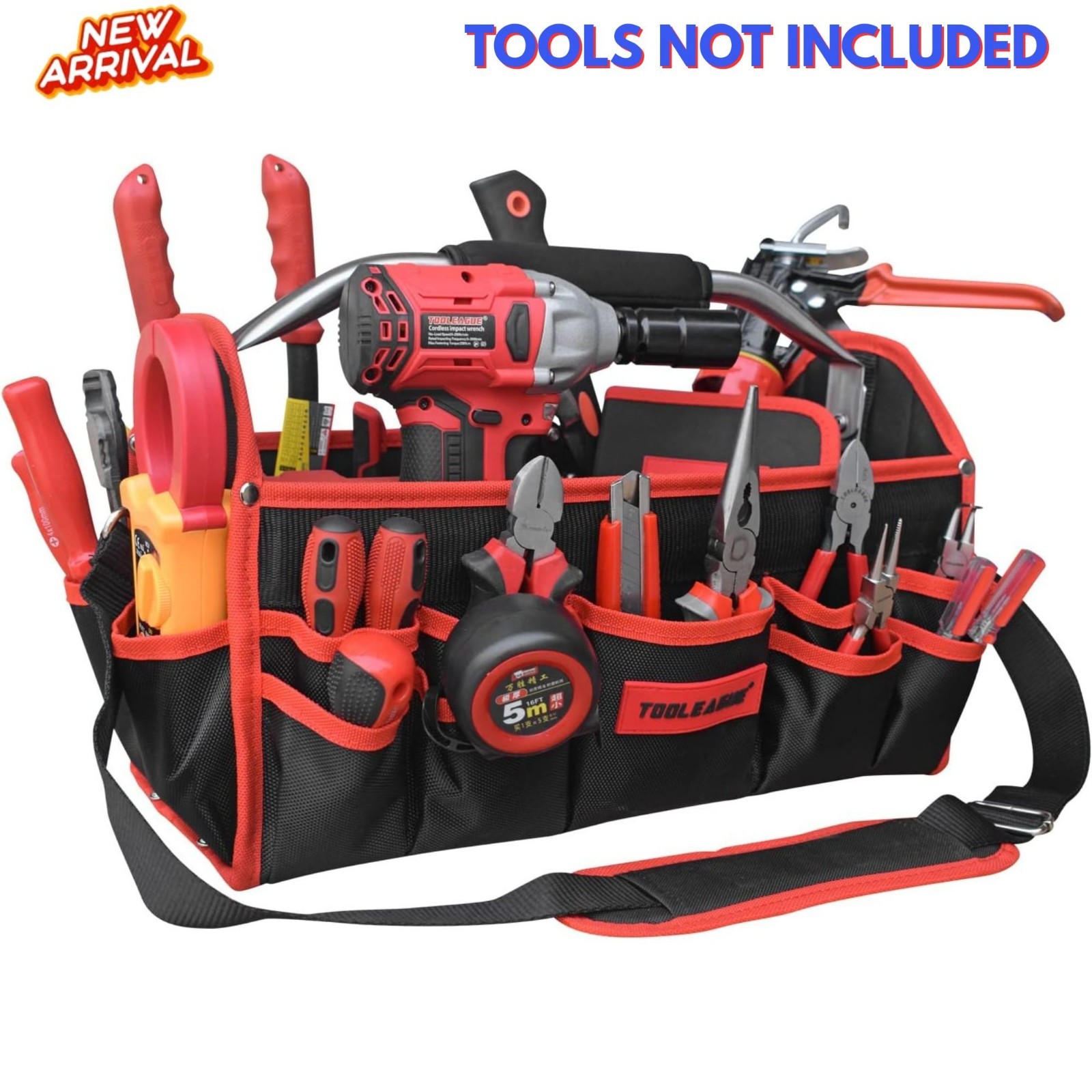 16″ Open Top Tool Tote Bag 25 Pockets Tool Caddy for Electricians Steel Handle