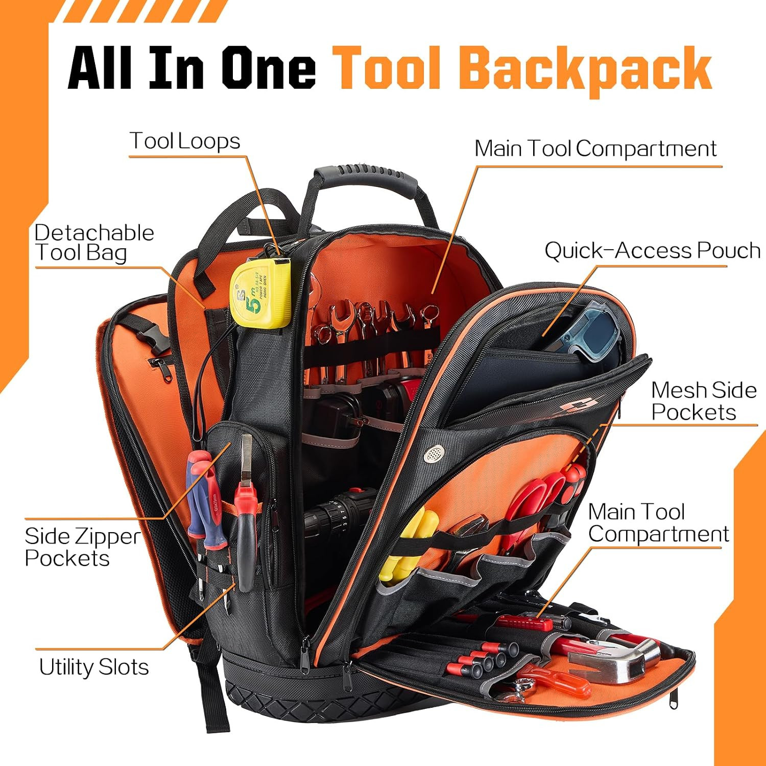 Tool Backpack, Heavy-Duty 1680D Tool Carrier | Molded Durable Base, Electrician