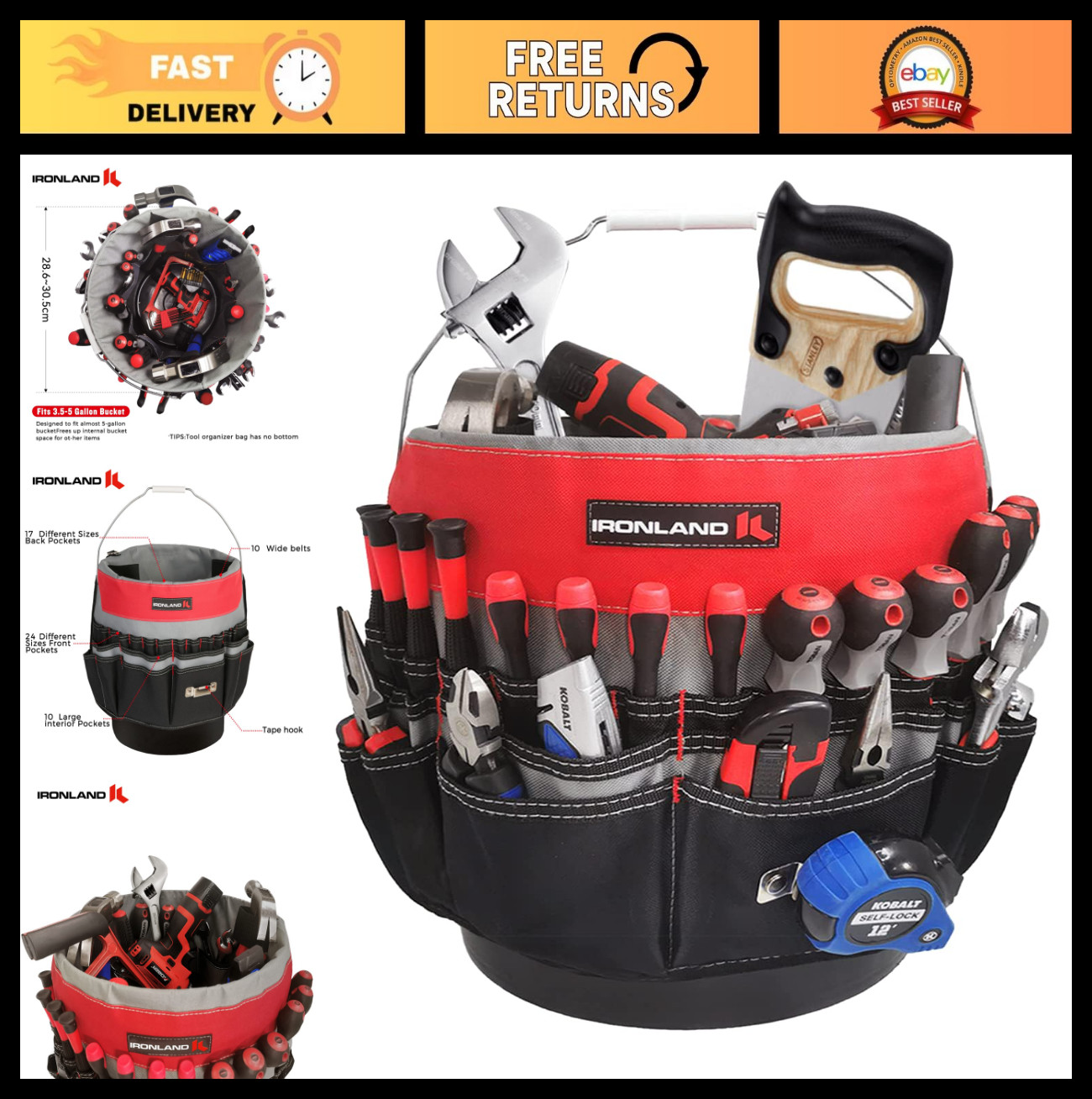 Bucket Tool Organizer with 51 Pockets – Fits 3.5-5 Gallon Buckets, Ideal for Gar