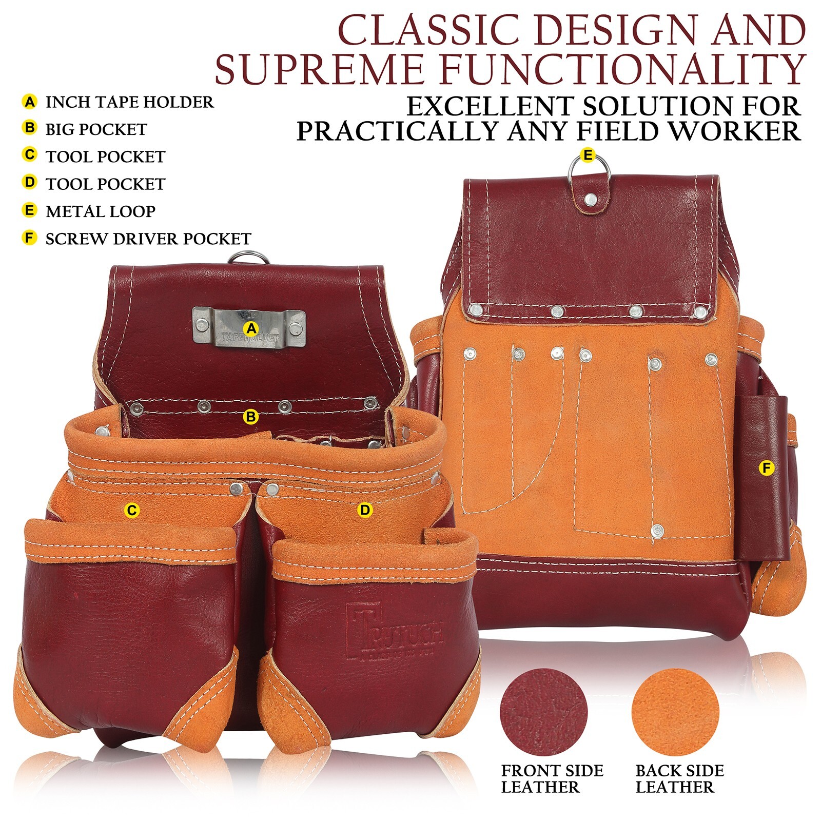 Trutuch Maroon Leather Tool Belt with Suspender | 18 Pockets | Framers Tool Belt