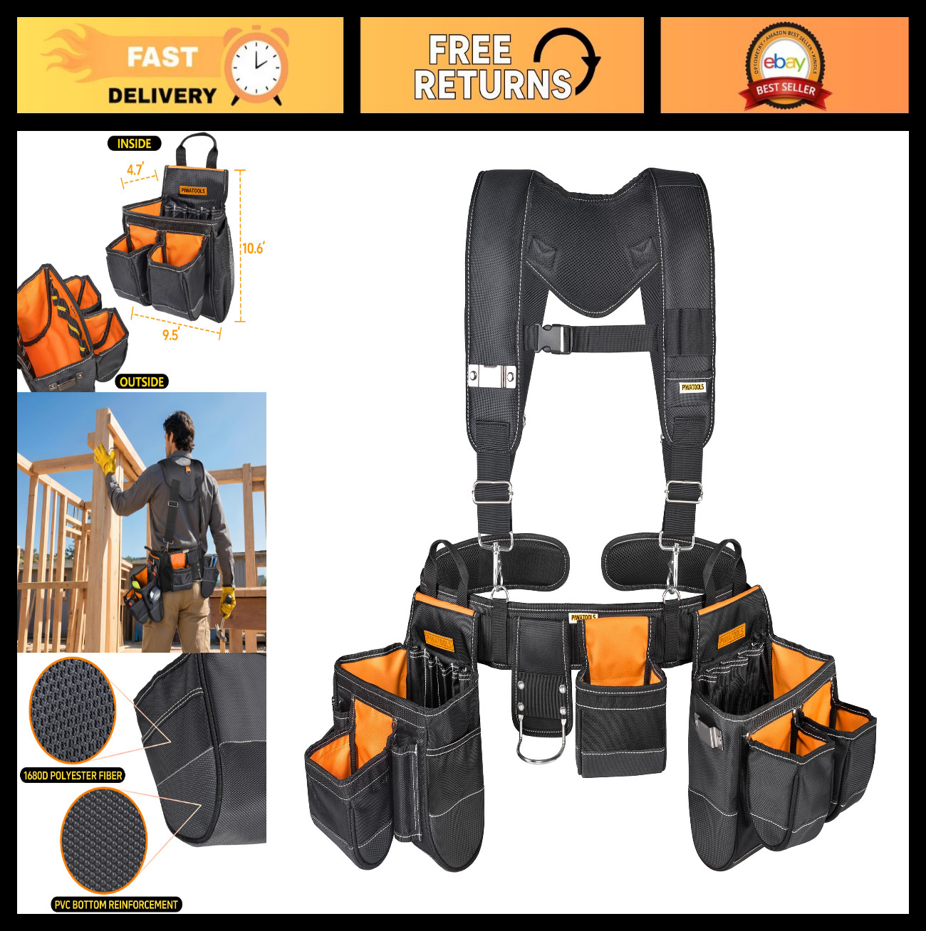 7-Piece Heavy-Duty Tool Rig with Padded Suspenders | 35 Pockets, 1680D Fabric, F