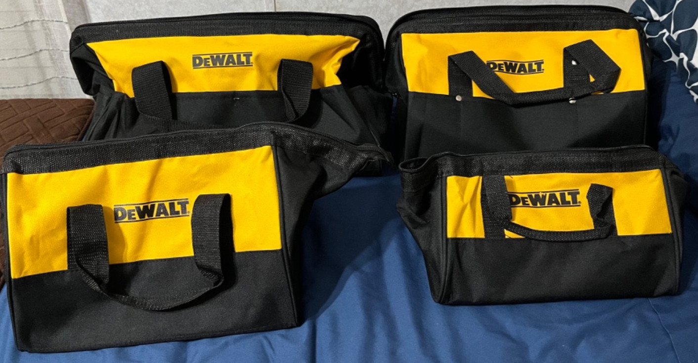 4 NEW QUALITY DEWALT BAGS MEASURING 18″, 15″,13″ & 11″. ***SEE DESCRIPTION***