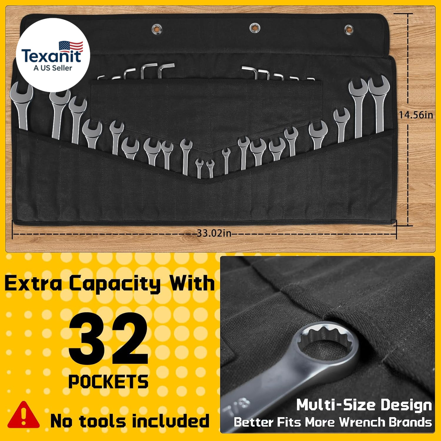 Wrench Roll 32 Pockets, Heavy-Duty 16 Oz. Waxed Canvas Wrench Roll up Bag Holds