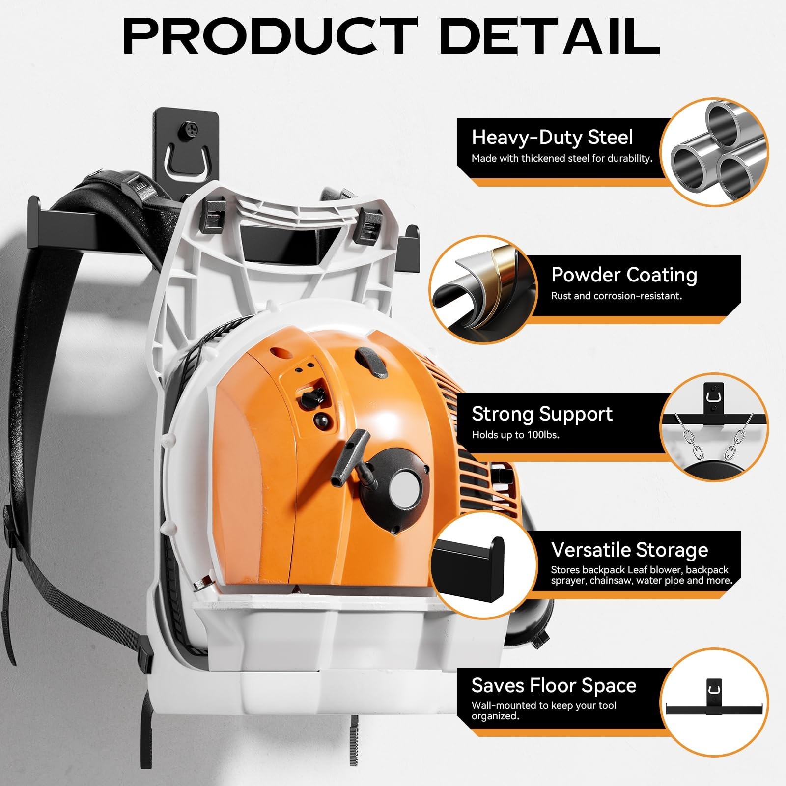 Heavy Duty Backpack Leaf Blower Hanger & Chainsaw Wall Mount – 2 Pack Tool Organ