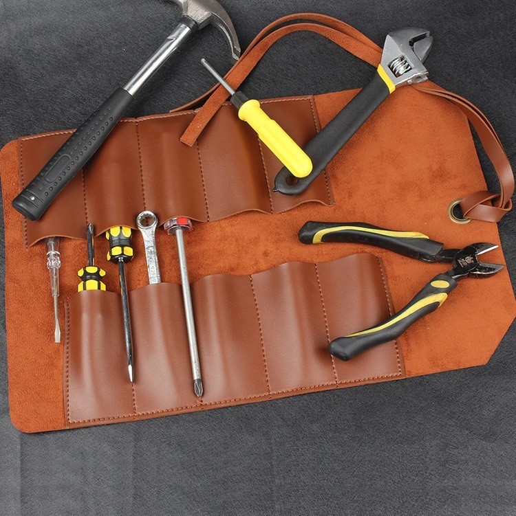 Brown PU Leather Tool Roll Pouch 10 Slots Portable Carrying Pouch for Hand Tools