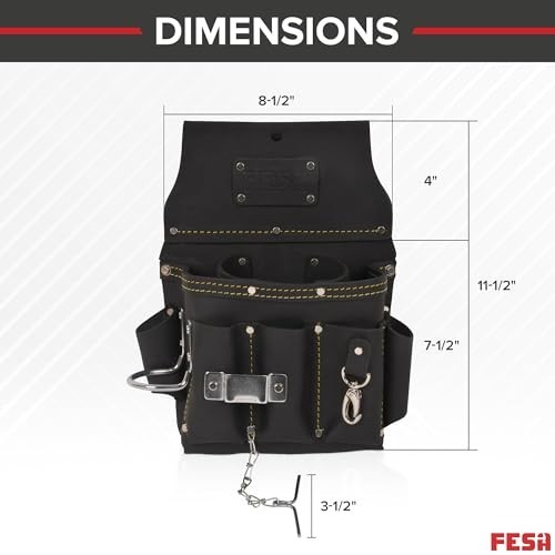 13-in-1 Leather Electrician Tool Pouch w/ Hammer Loop, Tape Measure Clip & 6 Poc