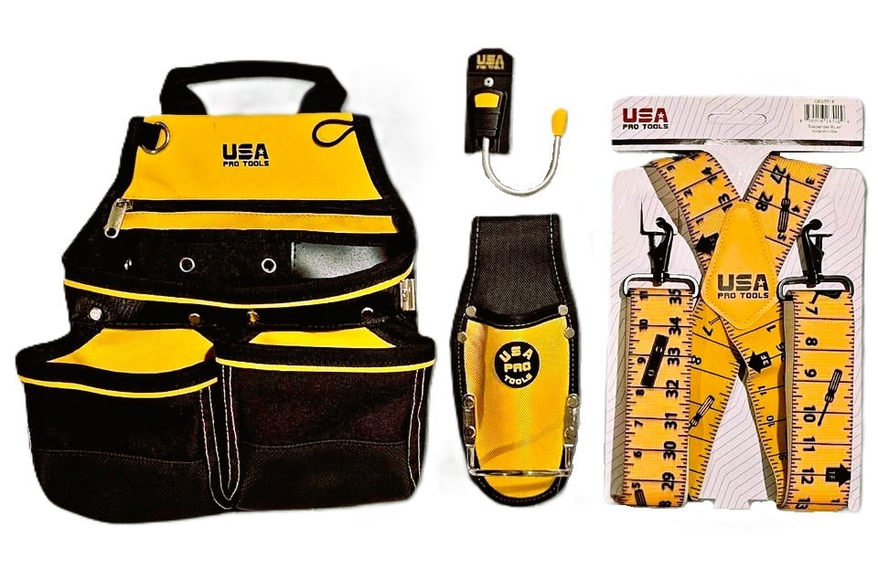 USA PRO TOOLS 4 Pcs Tool Pouch Set, Hammer Holder, Suspender, Drill Hook holder