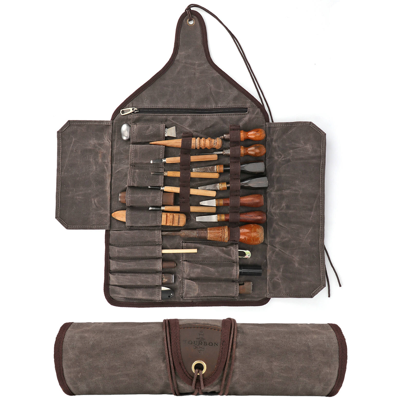 TOURBON Waxed Canvas Tool Roll Spanner Wrench Storage Pouch Chisel Gloves Pocket