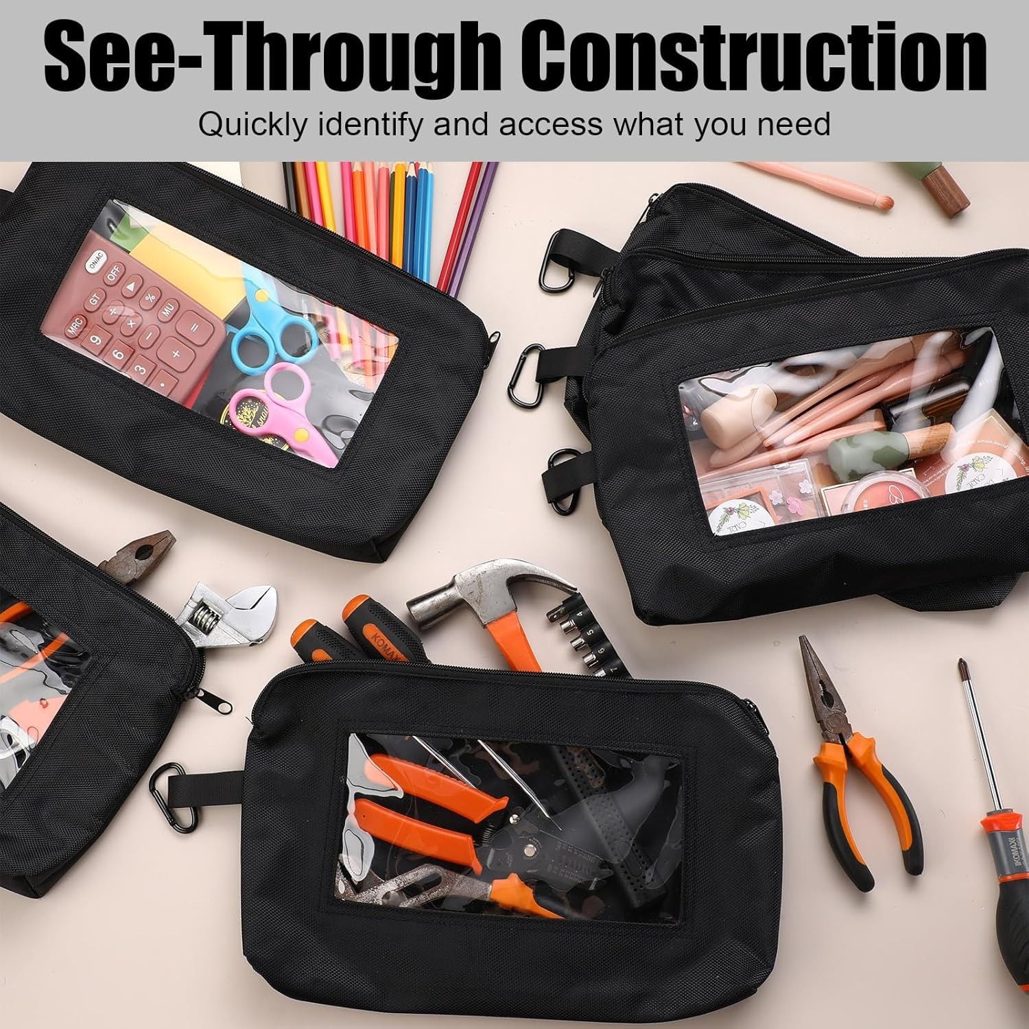 Multipurpose Tool Storage Pouches Set of 6 with Clear Windows for Easy Access