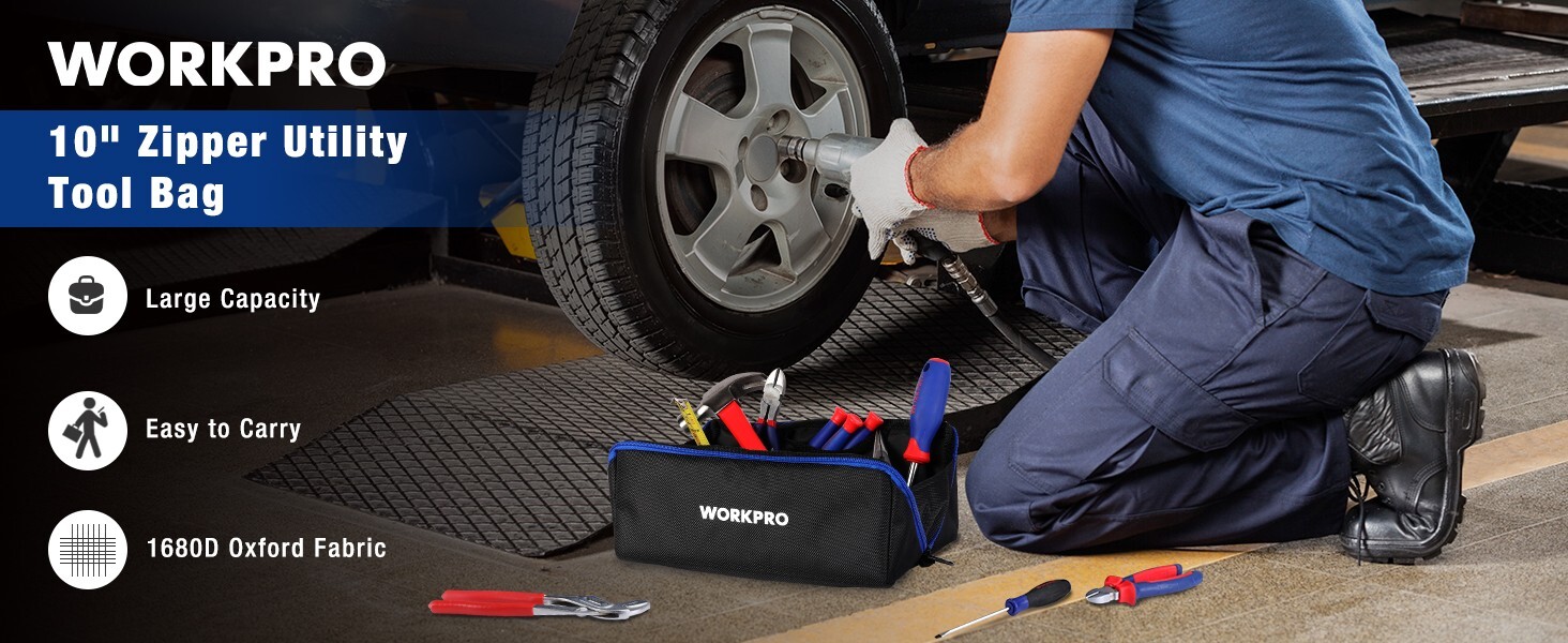 WORKPRO 10″ Wide Mouth Utility Tool bag with Zipper 3-pack Multipurpose NEW