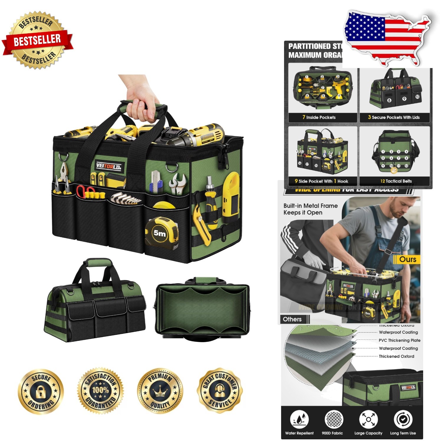 Portable 18-Inch Tool Bag Organizer – Green, Heavy Duty Oxford Fabric, 19 Poc…