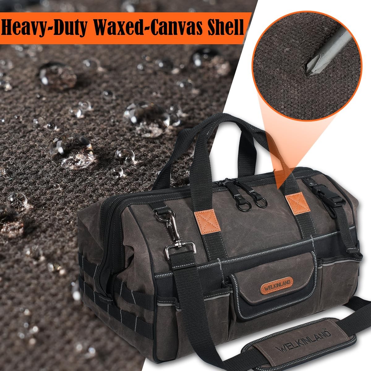 Welkinland 18 Inch Waxed Canvas Tool Bag Heavy-Duty Electrical Tool Bag