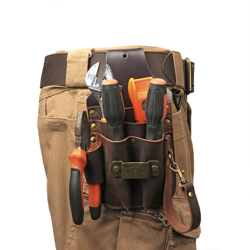 TOURBON Workshop Small Maintenance Tools Carrier Belt Pouch Buffalo Hide Leather