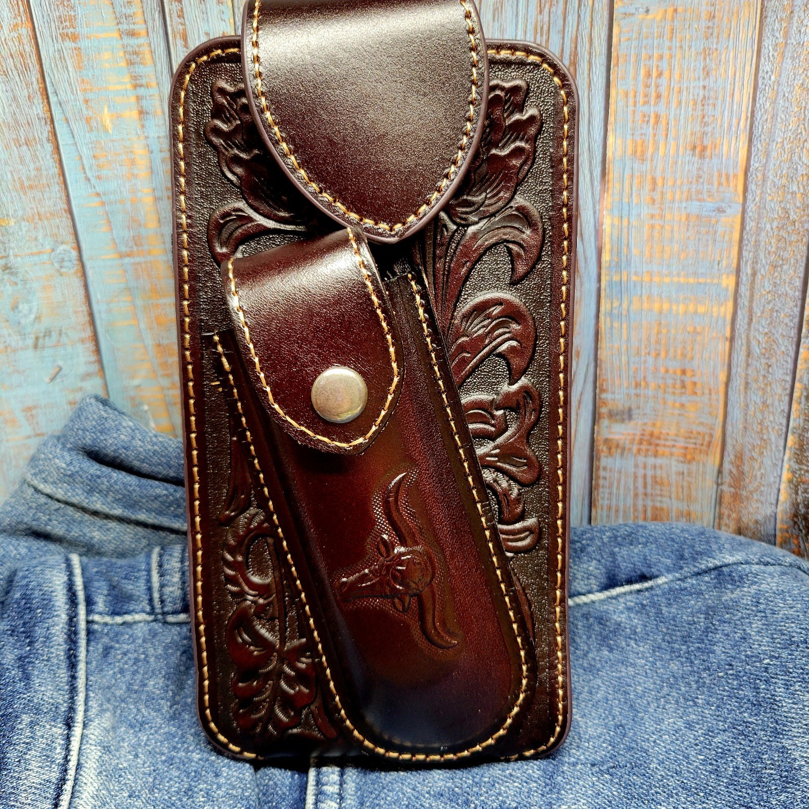 Longhorn Leather Phone Holstor With Knife Sheath & Belt Clip Sz LARGE 7×4″