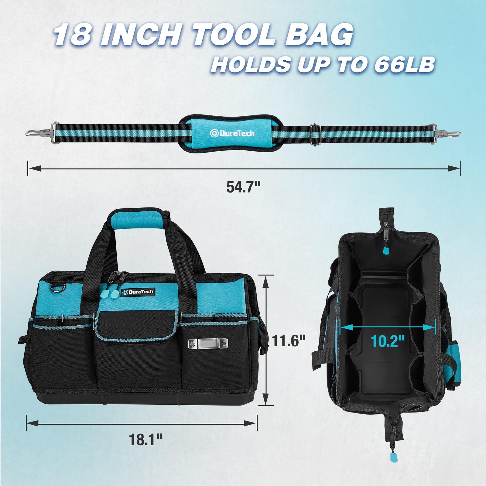 DURATECH 18-Inch Large Tool Bag with Waterproof Hard Bottom, 18 Inch, Blue