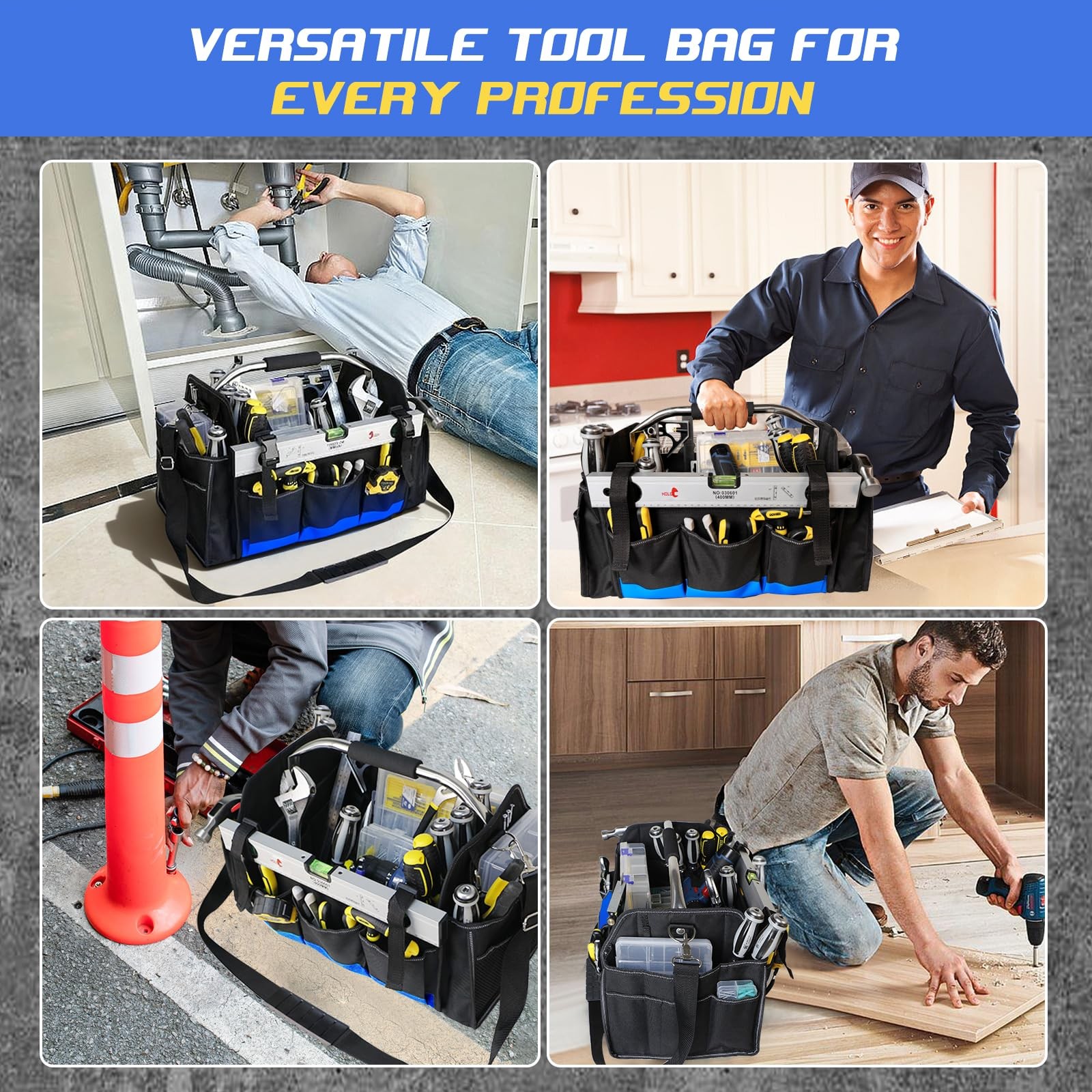 18 Inch Open Top Tool Bag, Tool Bags for Men with 30 Pockets, 1680D Waterproo…